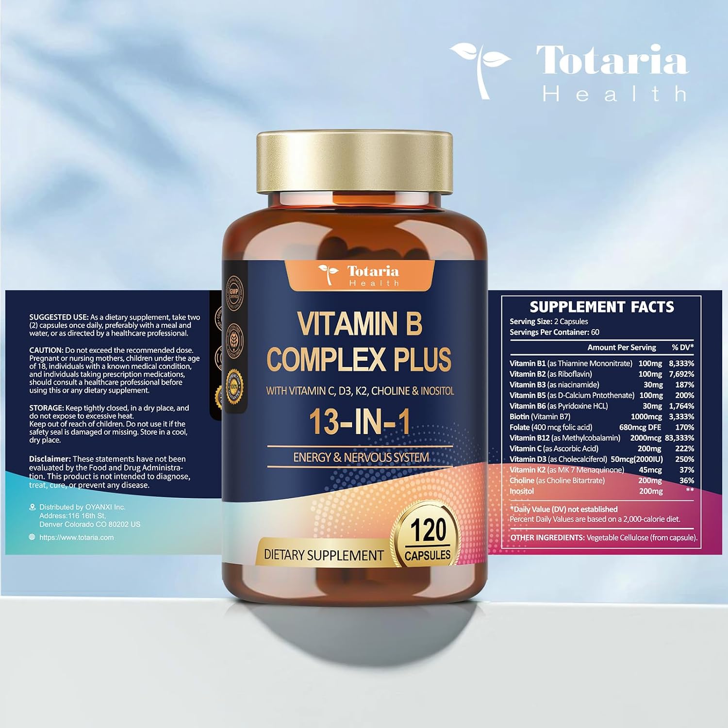 13-in-1 Vitamin B Complex Plus con Vitaminas B1, B2, B3, B4, B5, B6, B7, B8, B9, B12, C, D3, K2 - 120 Cápsulas por Frasco - 2 Frascos