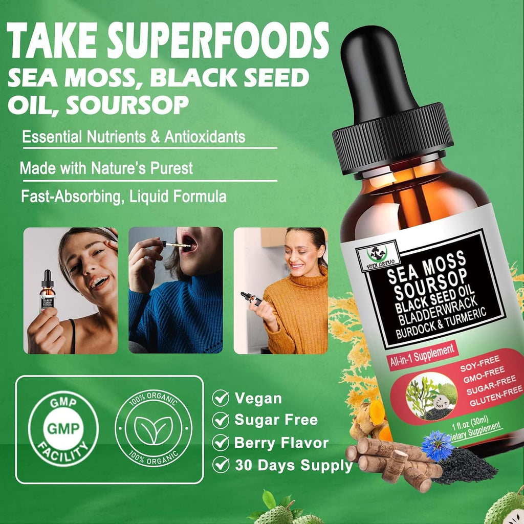 Sea Moss con Aceite de Semilla Negra y Soursop - Gotas Líquidas Multimineral y Vitaminas - Suplemento Superfood Orgánico No-GMO