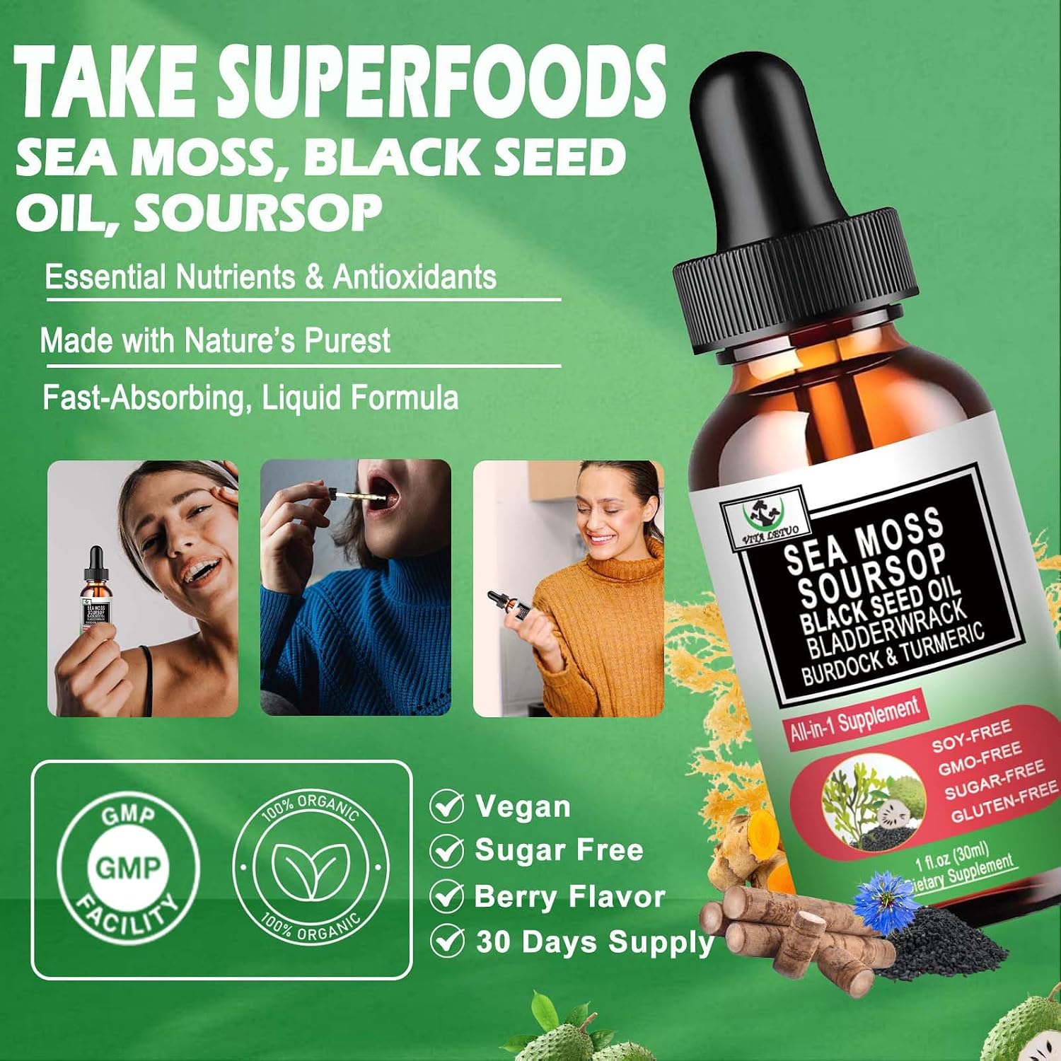 Sea Moss con Aceite de Semilla Negra y Soursop - Gotas Líquidas Multimineral y Vitaminas - Suplemento Superfood Orgánico No-GMO