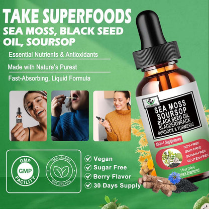 Sea Moss con Aceite de Semilla Negra y Soursop - Gotas Líquidas Multimineral y Vitaminas - Suplemento Superfood Orgánico – Image 4