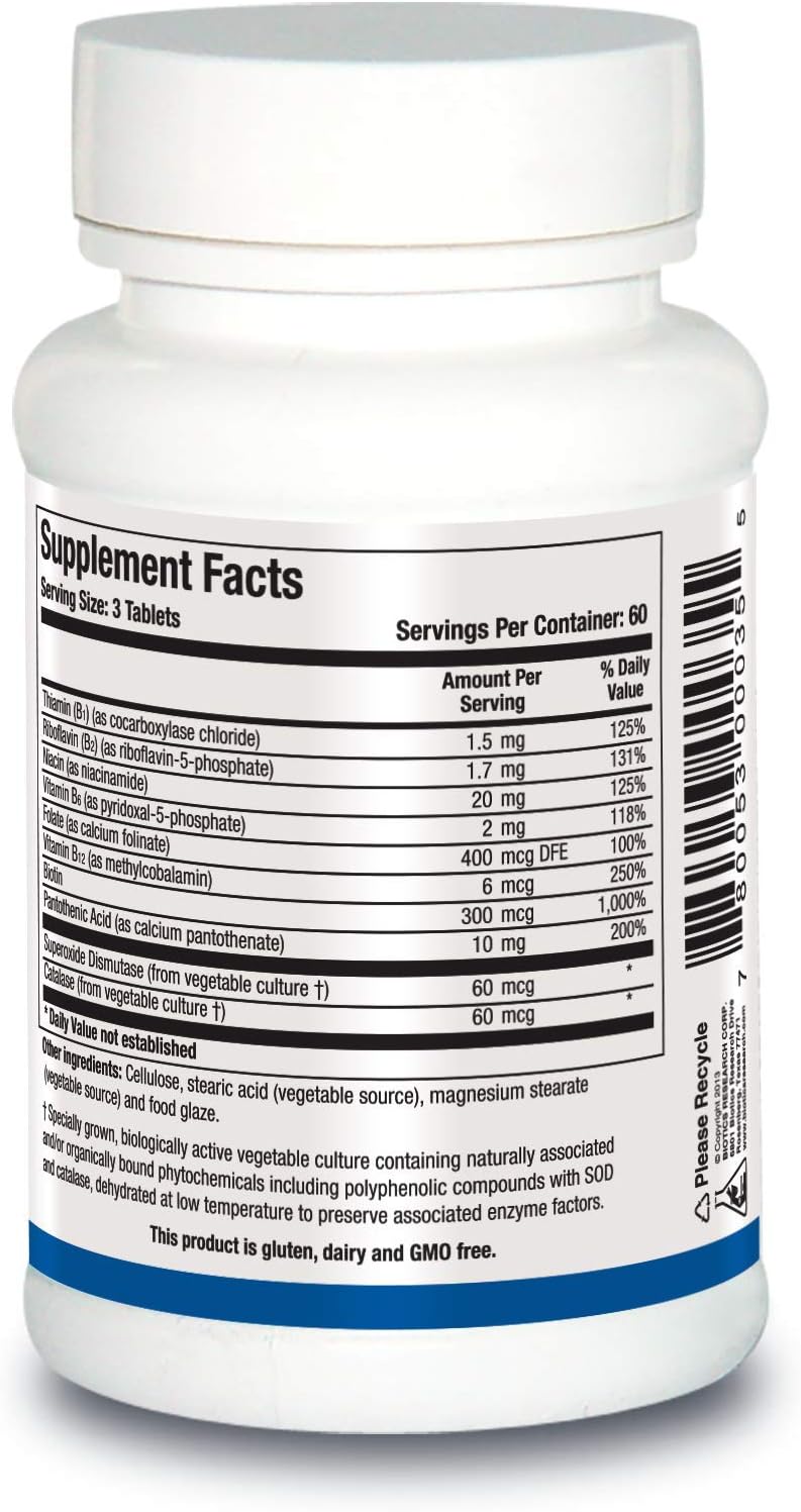 Biotics Research Bio-B 100 - B-Complex con B6 fosforilada, riboflavina-5-fosfato, folato, B12, niacina, biotina, enzimas antioxidantes SOD y catalasa, sin gluten, sin lácteos y sin OGM, 180 comprimidos