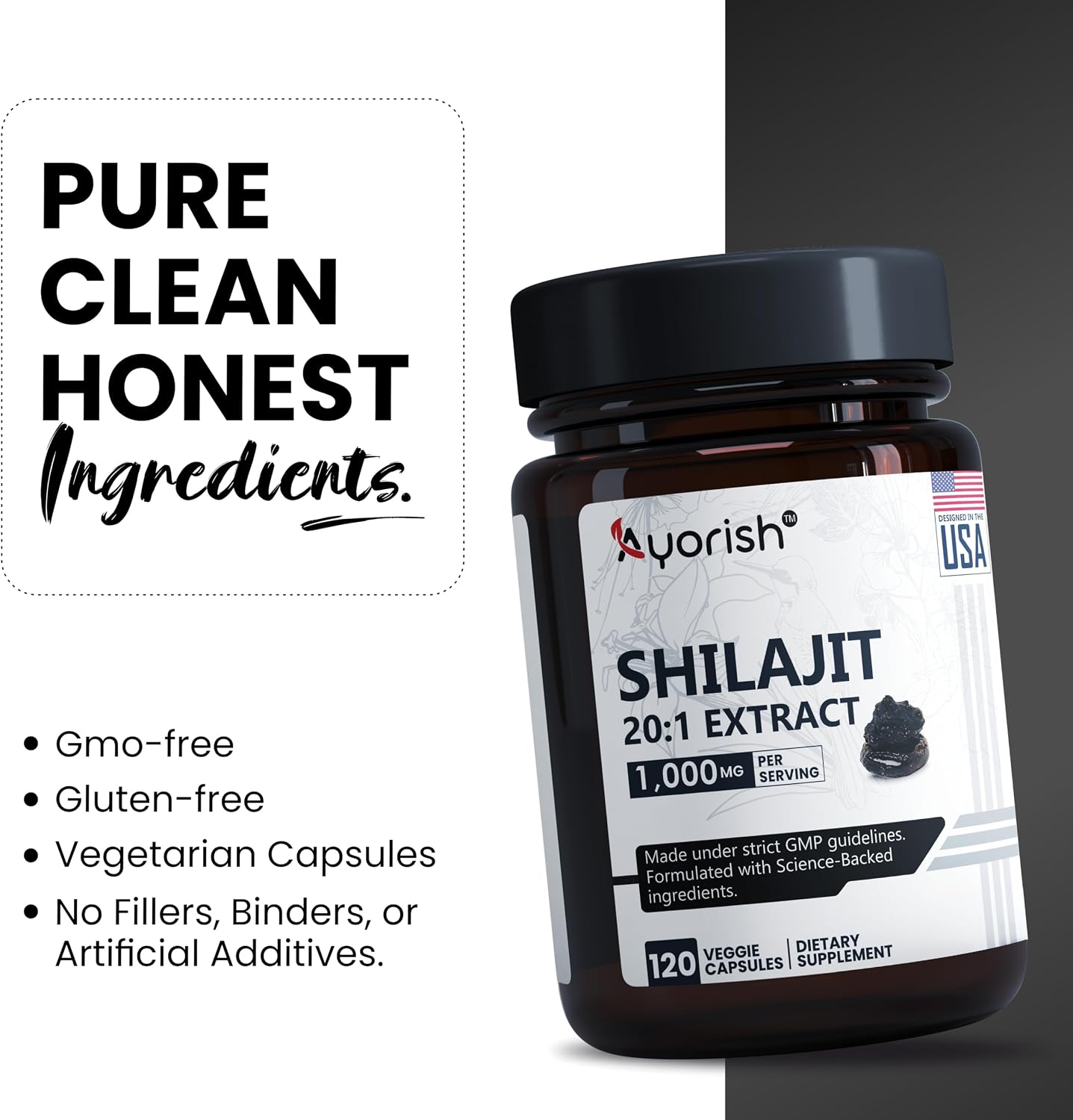 Ayorish Cápsulas de Shilajit Puro 1000mg con Ácido Fúlvico y Minerales Traza (120 cápsulas)