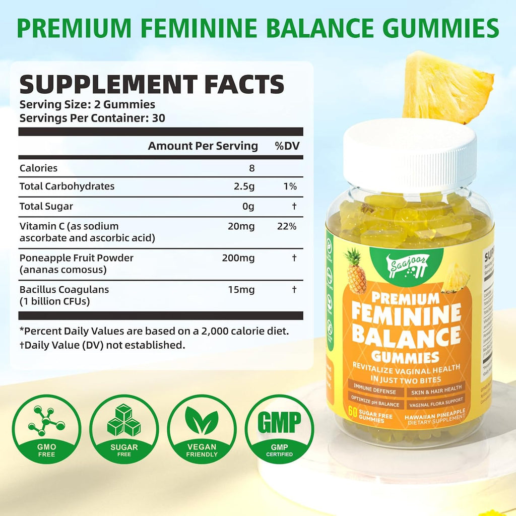 Saajoor Premium Feminine Balance Gummies - Gominolas para la Salud Femenina con Probióticos y Vitamina C, Sabor Piña Hawaiana, 60 Gominolas Veganas