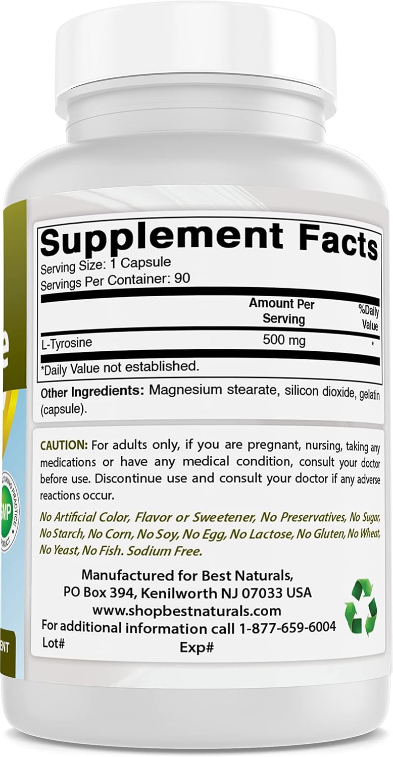 Best Naturals L-Tirosina 500 mg - 90 Cápsulas (Pack de 3)