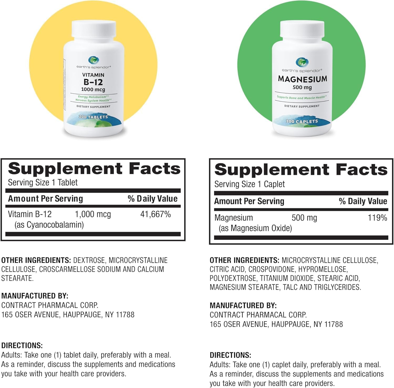 Earth's Splendor Energy + Muscle Support: Vitamina B12 (1000mcg) y Magnesio (500mg) - Sin Gluten, Sin Trigo, Sin Sabores Artificiales