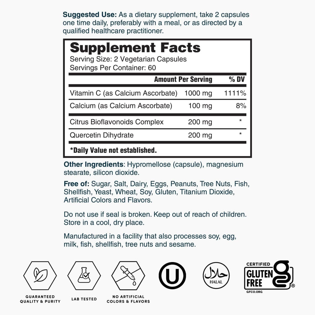 Nature's Lab Gold Super Vitamina C 1000mg – Complejo de Bioflavonoides y Quercetina – Cápsulas No Ácidas – 120 Cápsulas (2 Meses)