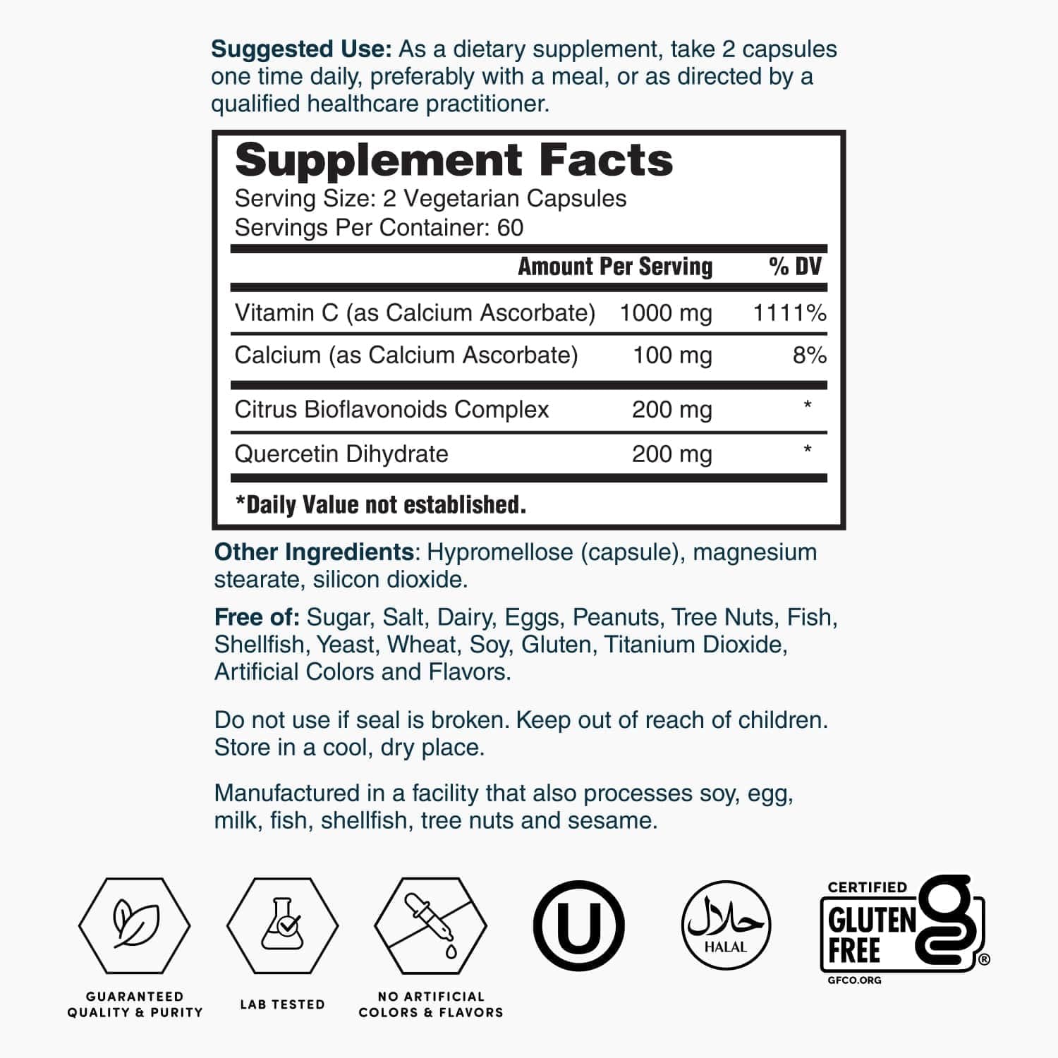 Nature's Lab Gold Super Vitamina C 1000mg – Complejo de Bioflavonoides y Quercetina – Cápsulas No Ácidas – 120 Cápsulas (2 Meses)