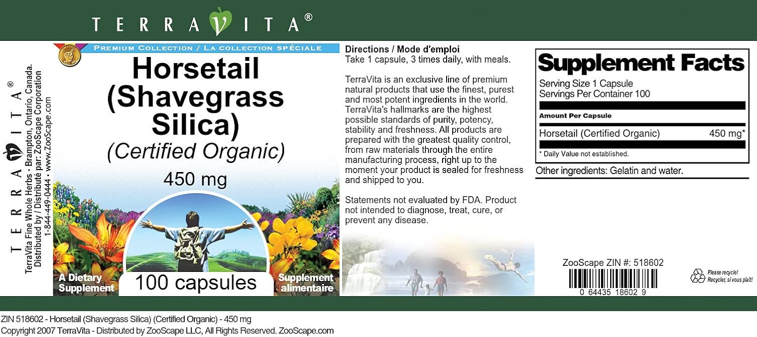 TerraVita Cola de Caballo (Horsetail) Orgánica Certificada - 450 mg - 100 Cápsulas - Pack de 3