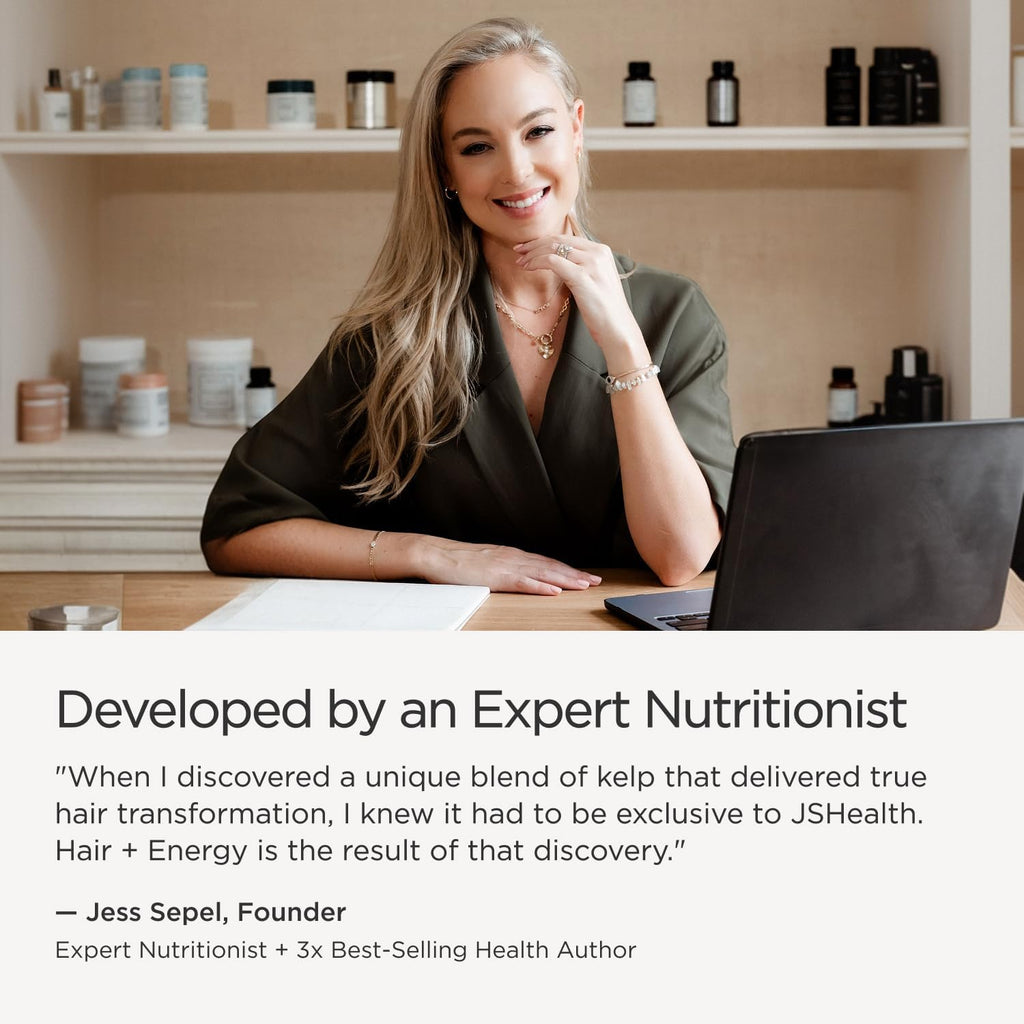 JSHealth Vitaminas para el Crecimiento del Cabello para Mujeres. Cabello + Energía con Yodo de Alga Kelp y Zinc. Favorece densidad, fuerza y energía. Formulado por nutricionista (60 cápsulas)