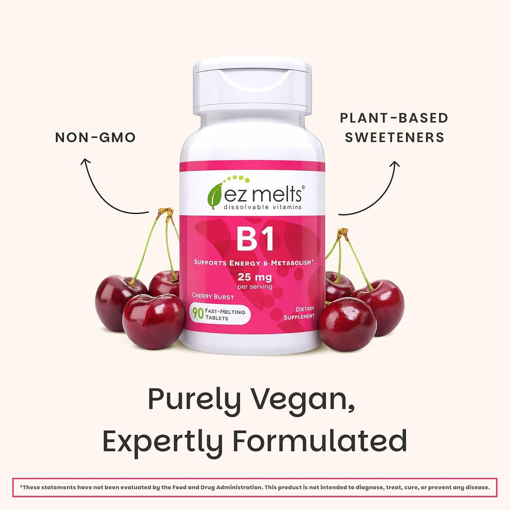 EZ Melts Vitamina B1 25 mg - Comprimidos Sublinguales - 90 Comprimidos (45 Dosis) - Sabor Cherry Burst - Sin Gluten, Sin Soja, Vegano