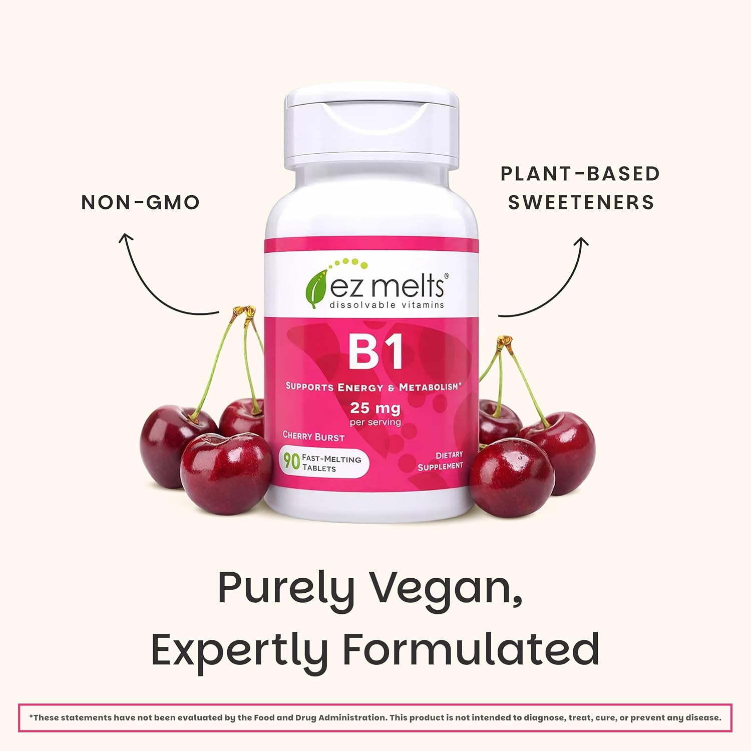 EZ Melts Vitamina B1 25 mg - Comprimidos Sublinguales - 90 Comprimidos (45 Dosis) - Sabor Cherry Burst - Sin Gluten, Sin Soja, Vegano