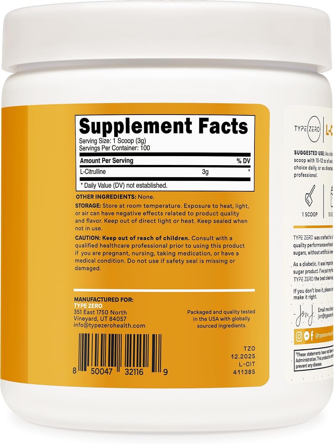 Type Zero L-Citrulina Base en Polvo, 3.000 mg por ración - 100 raciones