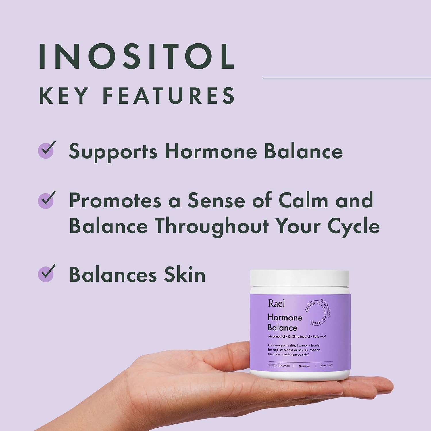 Rael Inositol en Polvo para el Equilibrio Hormonal Femenino - 40:1 con Ácido Fólico y Vitamina D (30 Dosis)