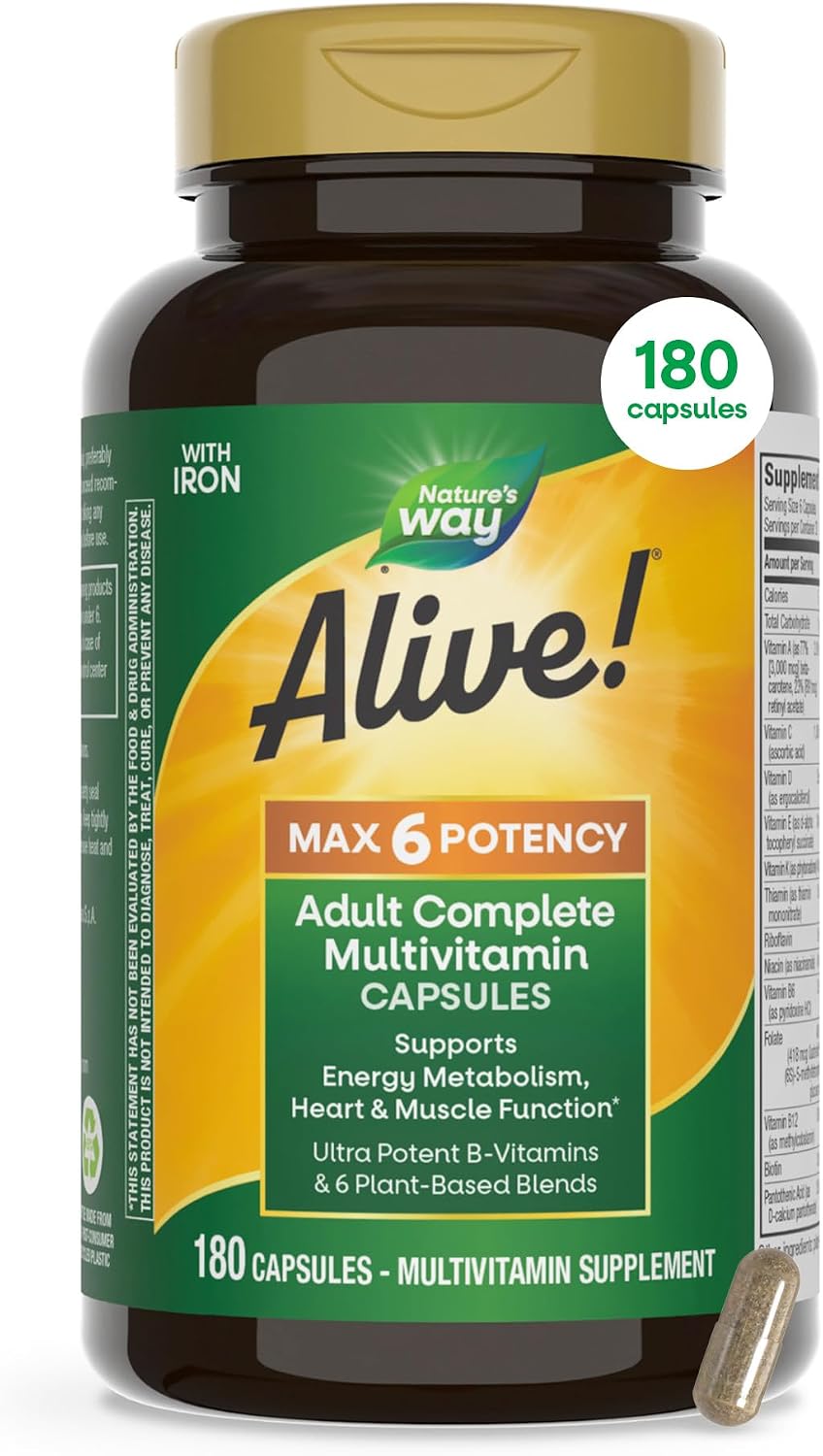 Nature's Way Alive! Max6 Potency Multivitamínico Completo para Adultos con Hierro, 90 Cápsulas