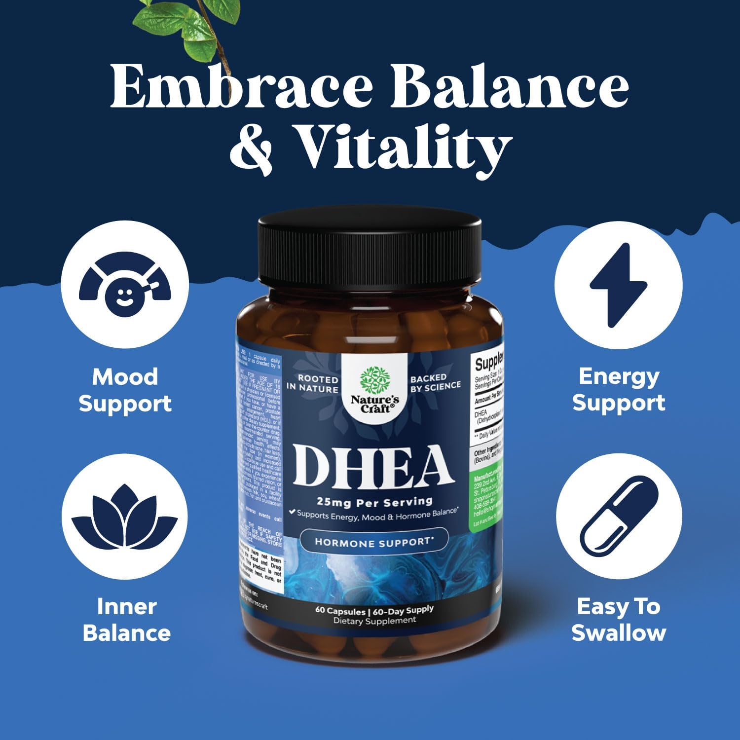 Natures Craft DHEA 25 mg - Suplemento para el Equilibrio Hormonal, Ánimo y Energía - 60 Cápsulas