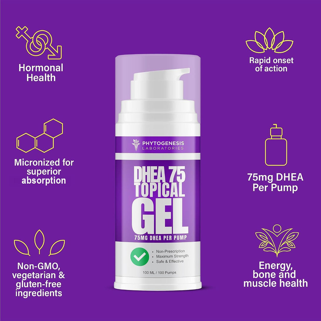 Phytogenesis DHEA 75 Gel Tópico, 75 mg por bombeo, 1 mes de suministro