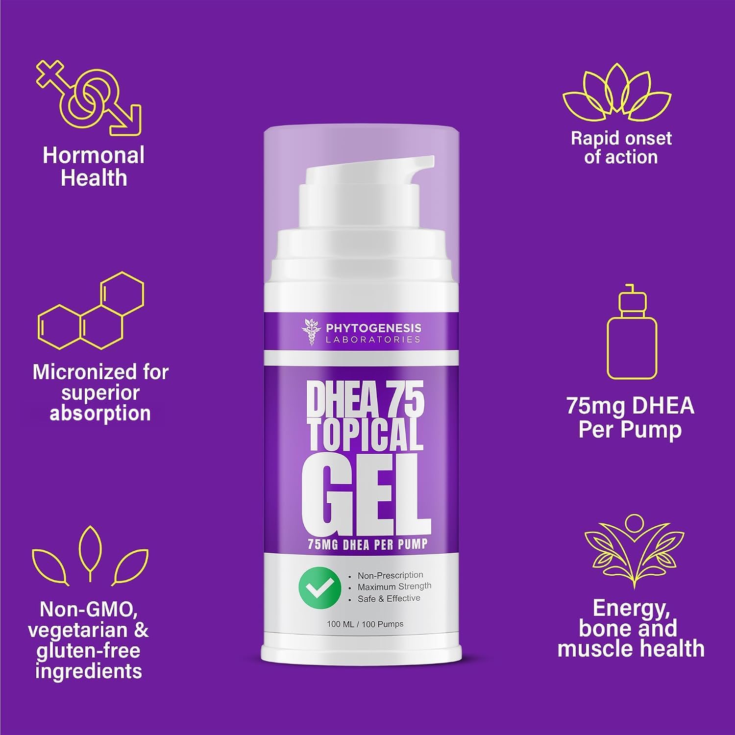 Phytogenesis DHEA 75 Gel Tópico, 75 mg por bombeo, 1 mes de suministro