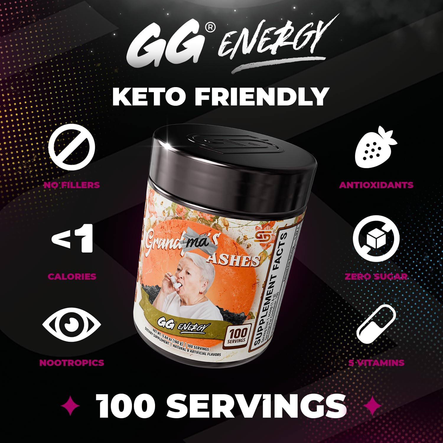 Gamer Supps GG Energy - Grandma's Ashes (100 Servicios) - Mezcla de energía y nootrópicos para gaming, baja en calorías, sin azúcar, con cafeína y vitaminas