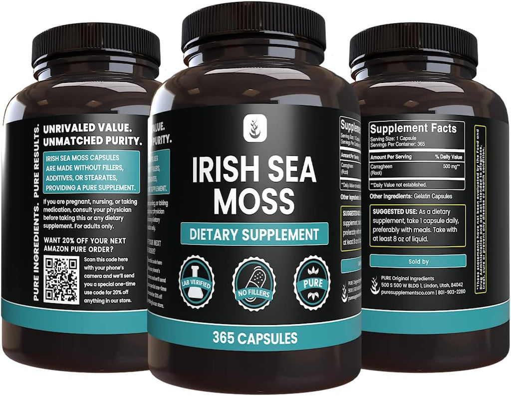 PURE ORIGINAL INGREDIENTS Irish Sea Moss (365 Cápsulas) Siempre Puro, Sin Aditivos ni Rellenos, Verificado en Laboratorio