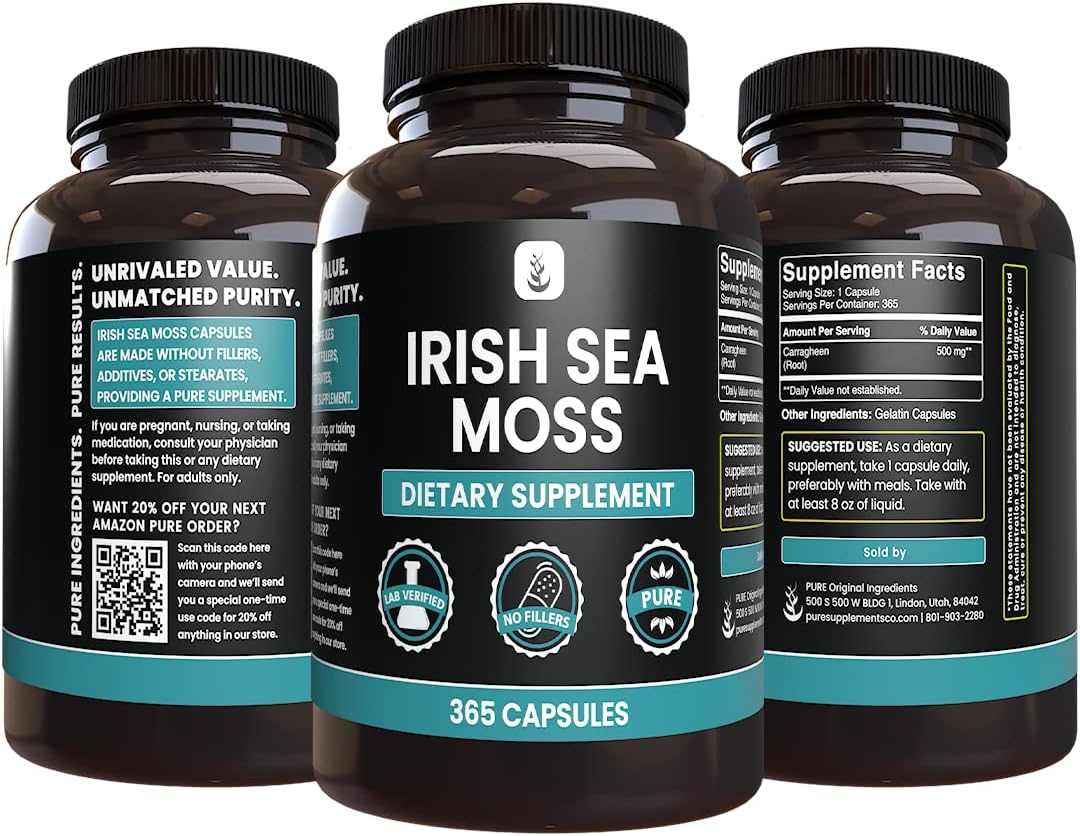 PURE ORIGINAL INGREDIENTS Irish Sea Moss (365 Cápsulas) Siempre Puro, Sin Aditivos ni Rellenos, Verificado en Laboratorio
