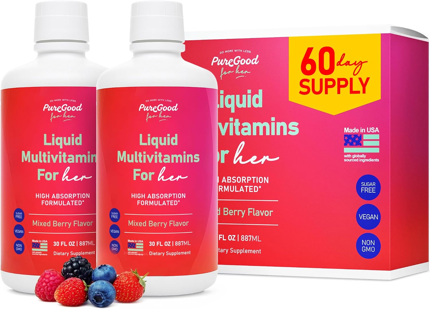 PureGood Liquid Multivitamin for Women | Multivitamínico Líquido para Mujeres con B12 Metilado, Folato, Biotina y Azafrán | Omega 3 6 7 9 | Energía, Estado de Ánimo y Equilibrio Hormonal | Sin Hierro | Sin Azúcar | 887 ml