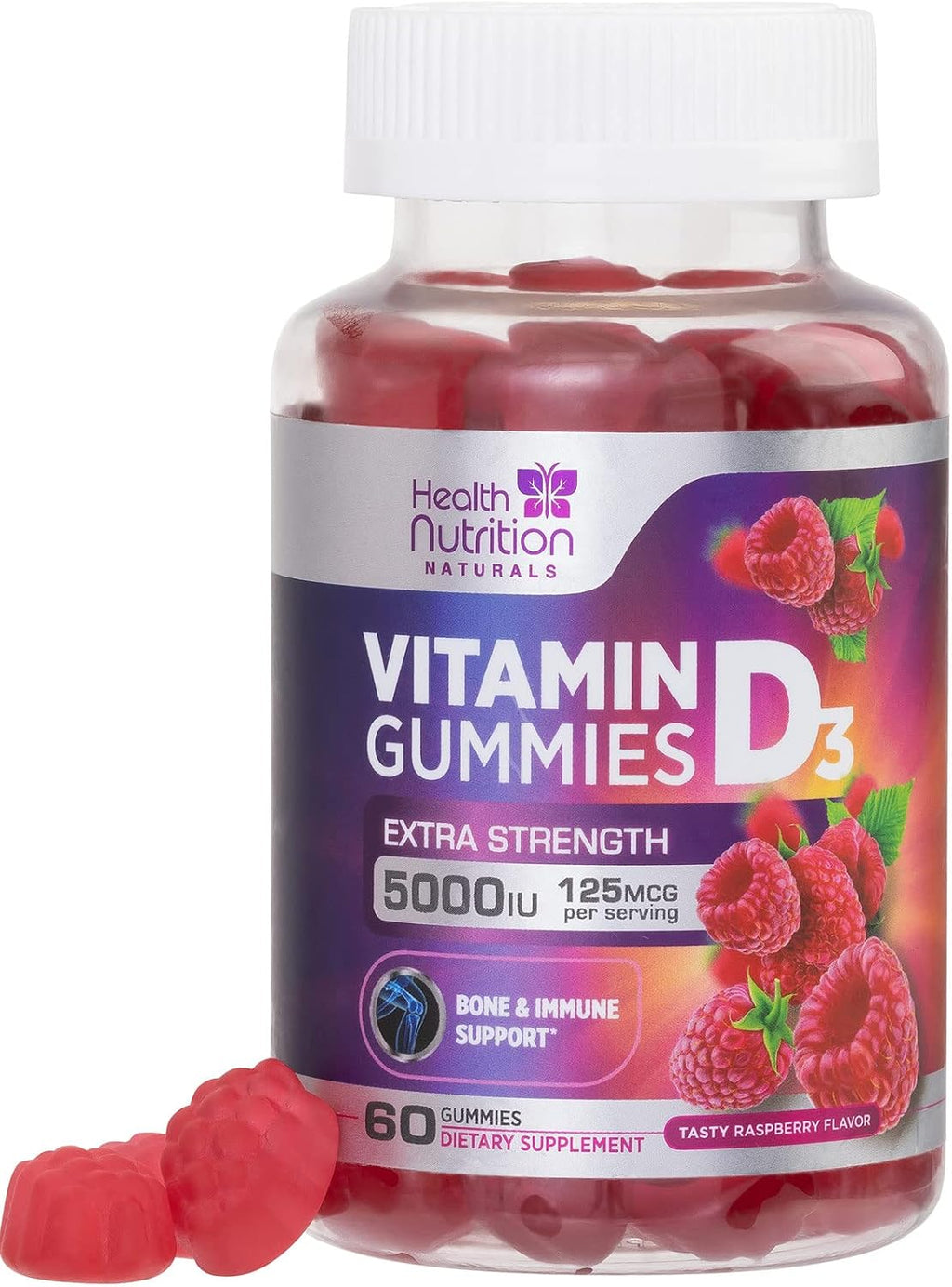 Health Nutrition Naturals Gomitas de Vitamina D3 5000 IU (125 mcg) - Sabor Frambuesa - 60 Gomitas