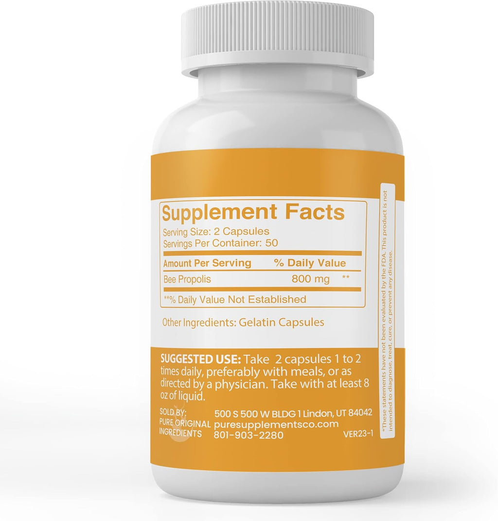 Pure Original Ingredients Bee Propolis, (100 Cápsulas) Siempre Puro, Sin Aditivos Ni Rellenos, Verificado en Laboratorio