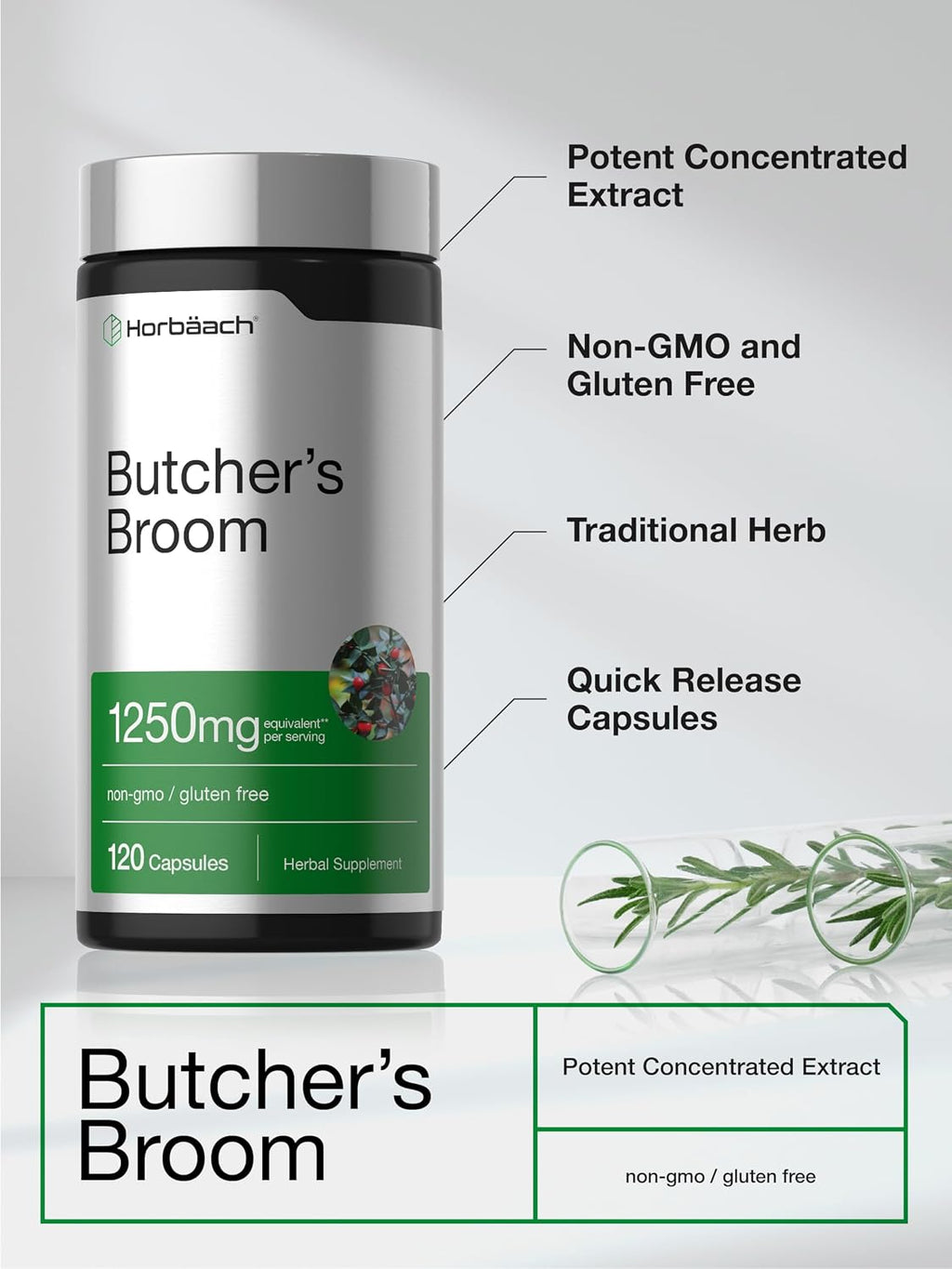Horbaach Butchers Broom Cápsulas | 120 Cápsulas | Extracto de Raíz Tradicional