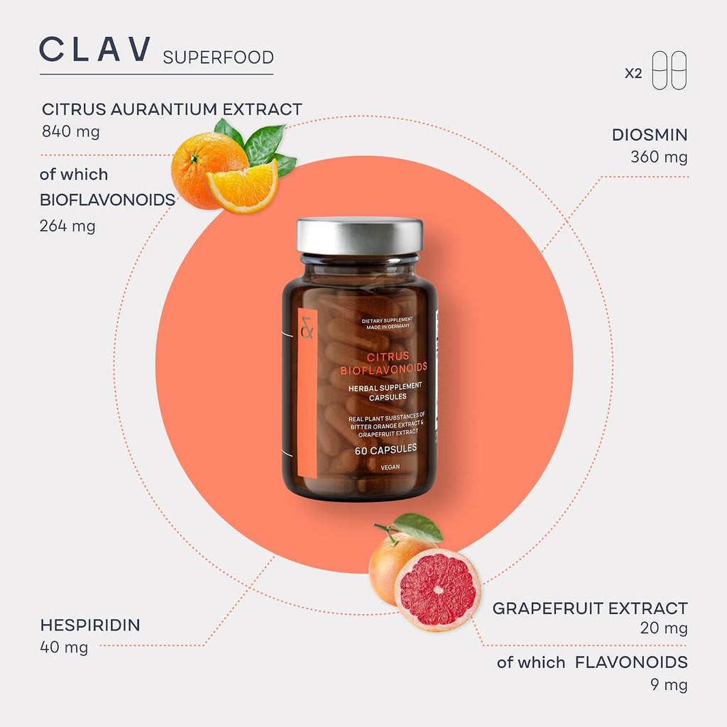 CLAV Bioflavonoides Cítricos - Suplemento Vegano de Flavonoides de Naranja Amarga y Pomelo - 60 Cápsulas - Hecho en Alemania