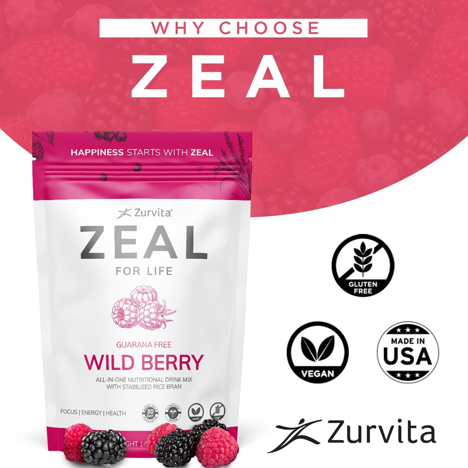 Zurvita - Zeal for Life Bolsa de Bienestar para 30 Días - Frutos Rojos Silvestres (Sin Guaraná) - Suplemento Nutricional