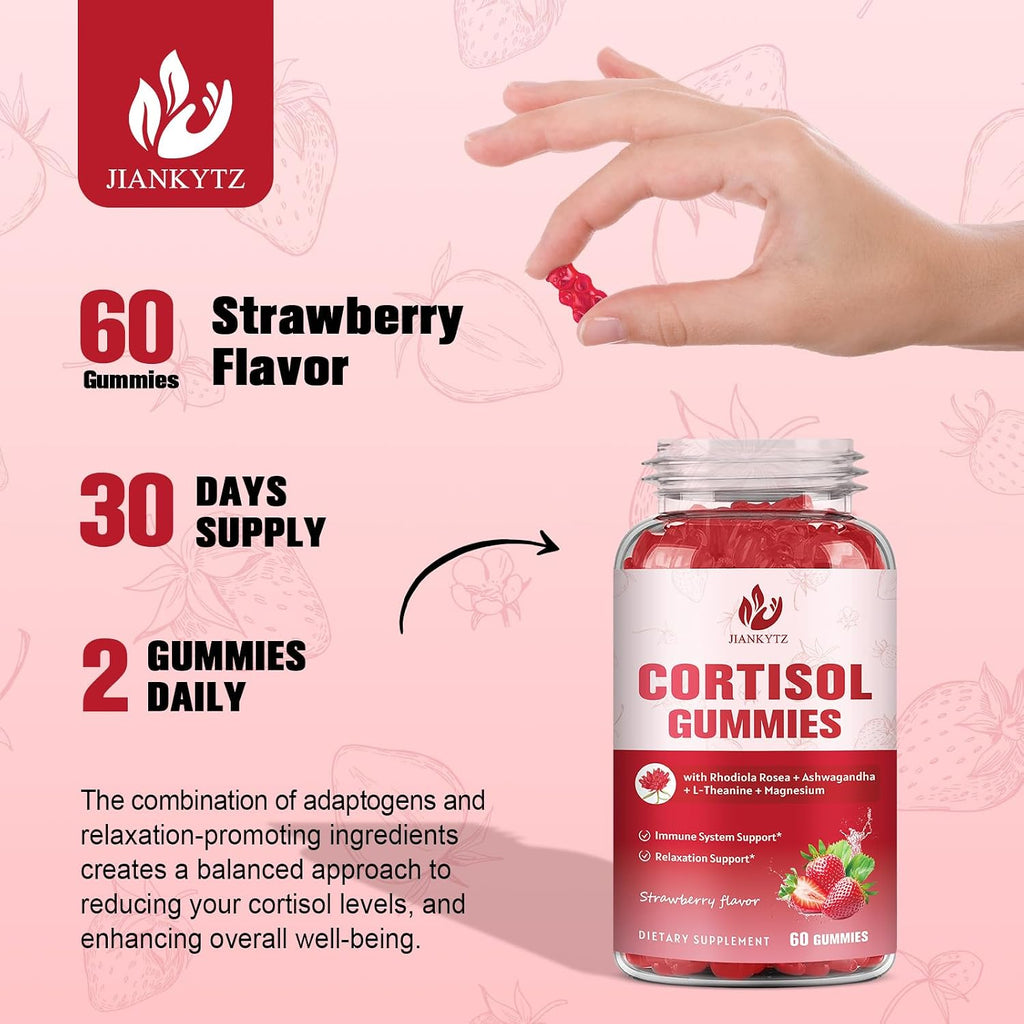 Gominolas de Cortisol para Mujeres con Ashwagandha, Rhodiola Rosea, L-Teanina, Magnesio y Vitamina D3 - 60 Gominolas Veganas
