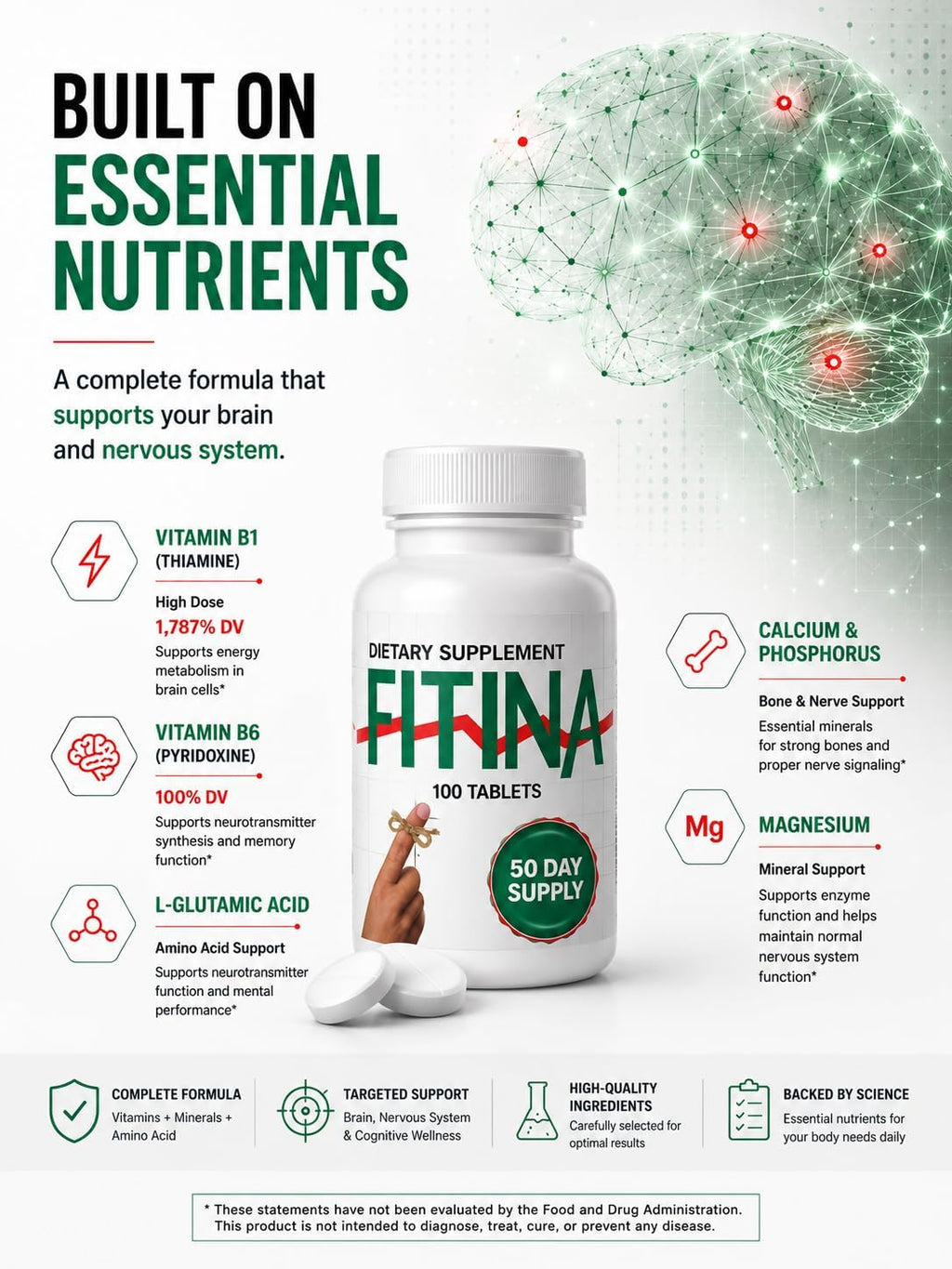 Fitina Suplemento Cerebral con Vitamina B6 y Tiamina | Alta Dosis de Vitaminas B para el Sistema Nervioso, 100 Comprimidos