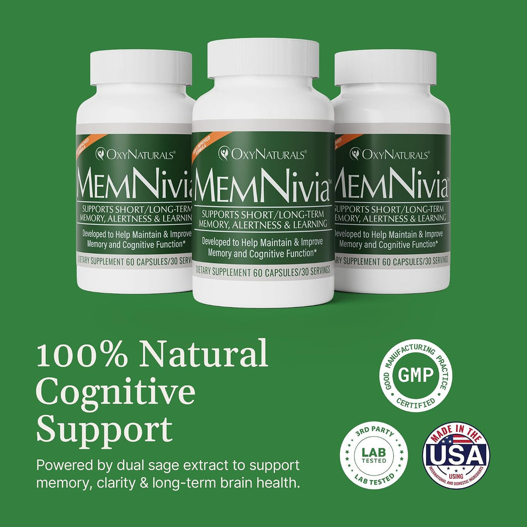 MemNivia Suplemento para la Memoria y Concentración | Fórmula con Cognivia®, Bacopa, Albahaca Santa y Jengibre | 60 Cápsulas