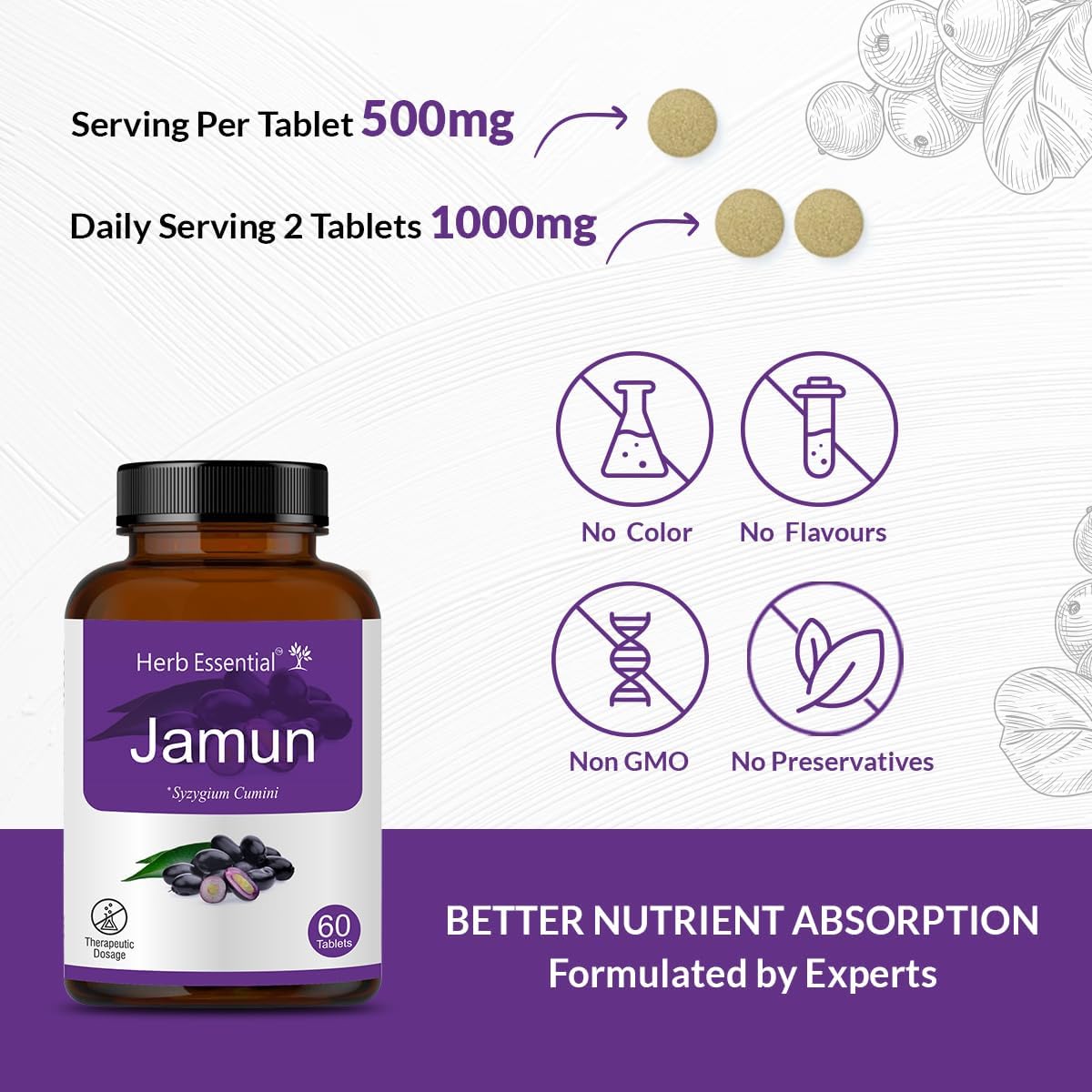 Herb Essential Comprimidos de Semilla de Jamun 500mg, 60 Comprimidos
