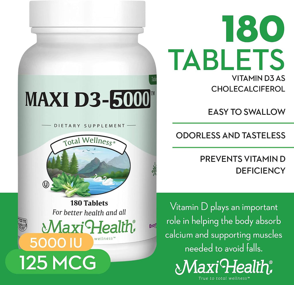 Vitamina D3 5000 UI (125 mcg) - Dosis Alta para Huesos, Dientes y Sistema Inmunológico - Suplemento Puro de Vitamina D3 - 180 Comprimidos