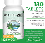 Vitamina D3 5000 UI (125 mcg) - Dosis Alta para Huesos, Dientes y Sistema Inmunológico - Suplemento Puro de Vitamina D3 - 180 Comprimidos
