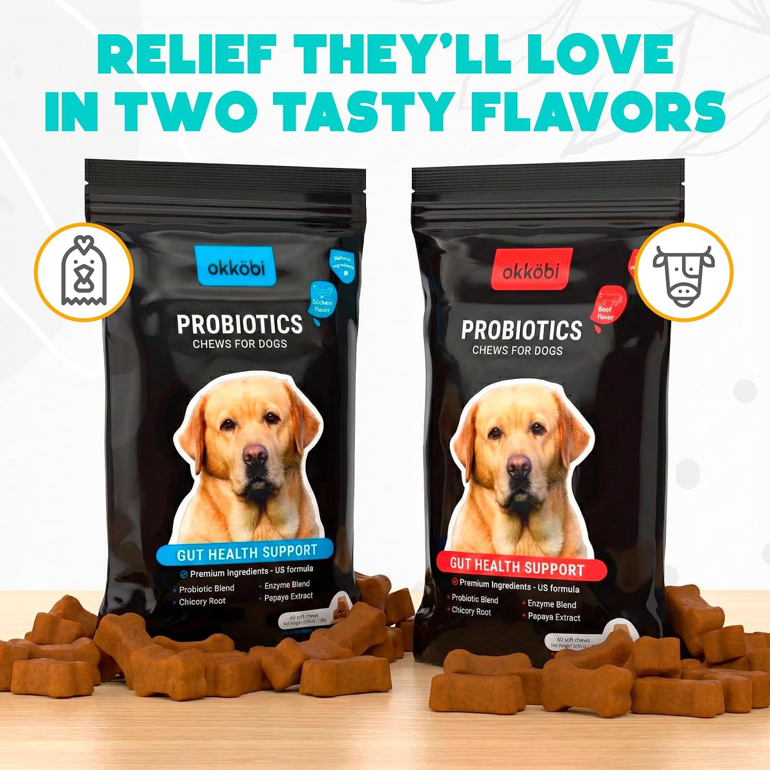 Probióticos para perros en masticables - 60 unidades - Apoyo digestivo y salud intestinal - Sabor a ternera