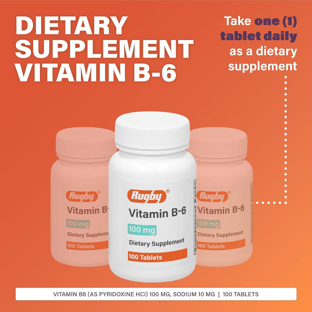 Rugby Vitamin B-6 Tablets - 100mg de Vitamina B6 - Suplemento Alimenticio - 100 Comprimidos