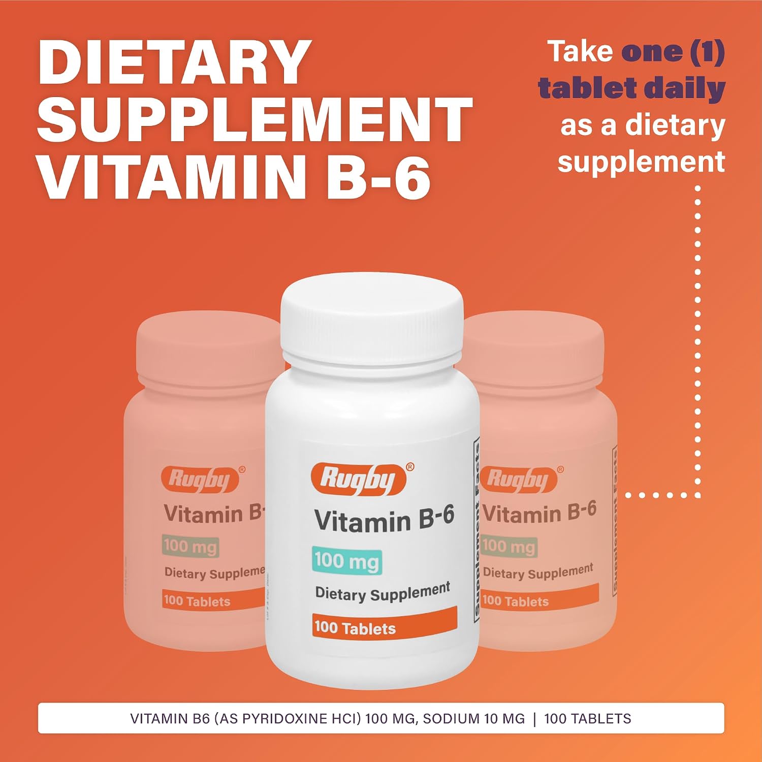 Rugby Vitamin B-6 Tablets - 100mg de Vitamina B6 - Suplemento Alimenticio - 100 Comprimidos