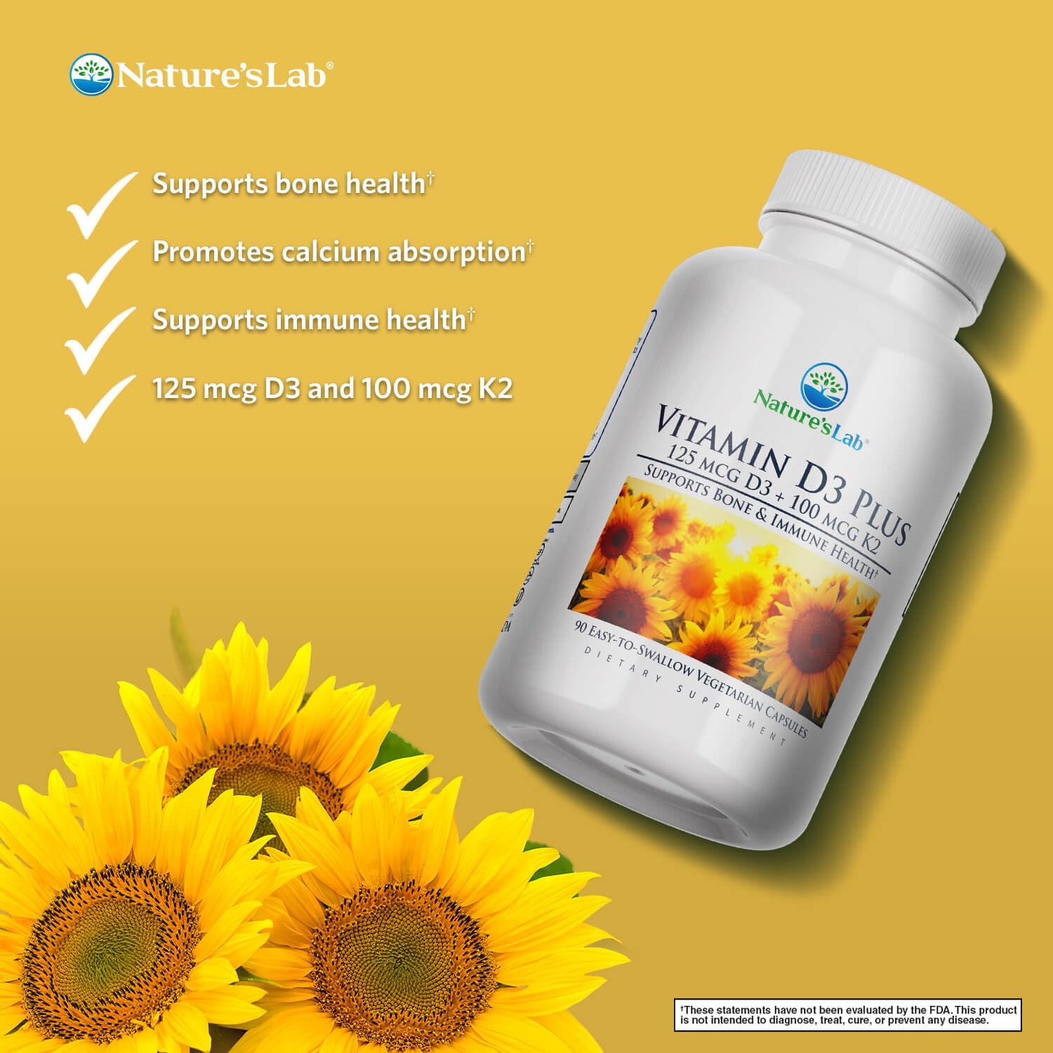 Nature's Lab Vitamin D3 Plus - Vitamina D3 y K2 (MK-7), 5000 UI + 100 mcg, 90 Cápsulas