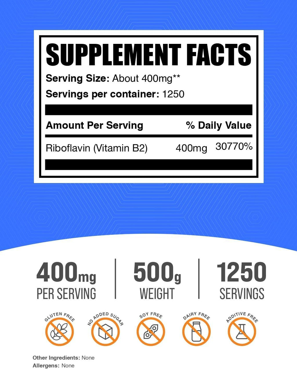 BulkSupplements Riboflavina en Polvo - Vitamina B2, 400 mg por ración, 500 g