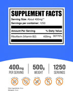 BulkSupplements Riboflavina en Polvo - Vitamina B2, 400 mg por ración, 500 g