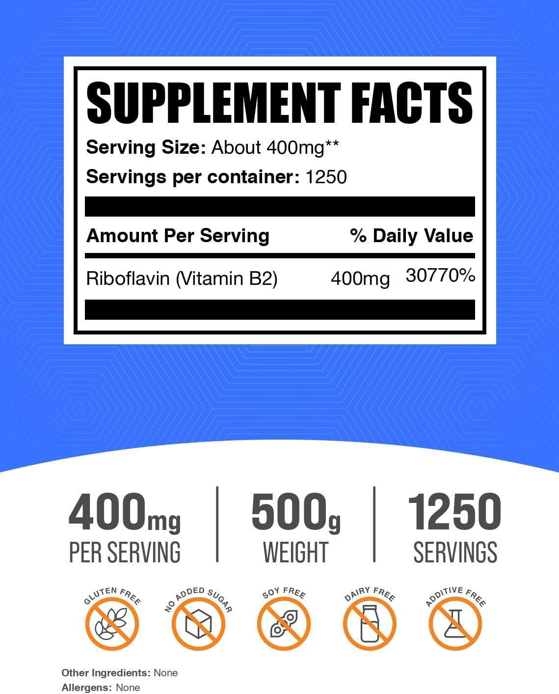 BulkSupplements Riboflavina en Polvo - Vitamina B2, 400 mg por ración, 500 g