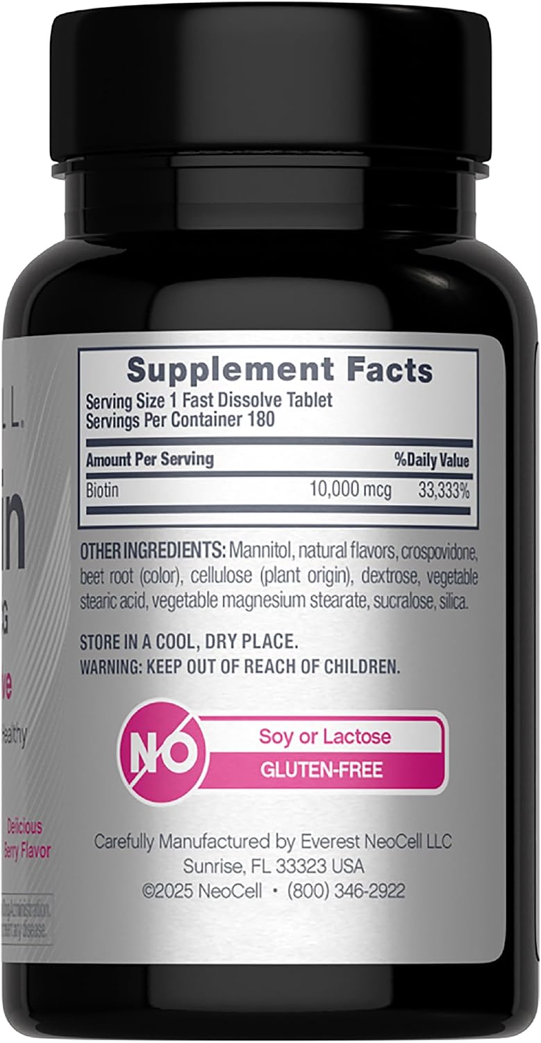 NeoCell Biotin 10000mcg Comprimidos de Disolución Rápida | 180 Comprimidos | Sabor a Bayas | Suplemento para Cabello, Piel y Uñas