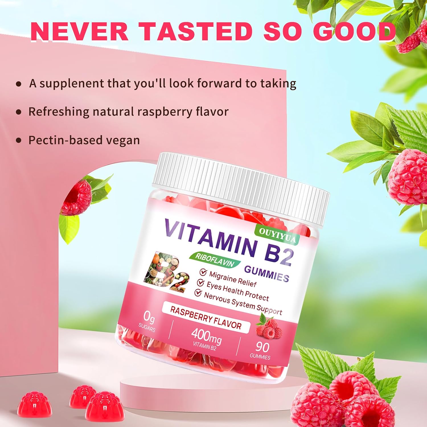 Gominolas de Vitamina B2 (Riboflavina) 400mg con Magnesio - 90 unidades - Vegano, Sin Azúcar - Sabor Frambuesa