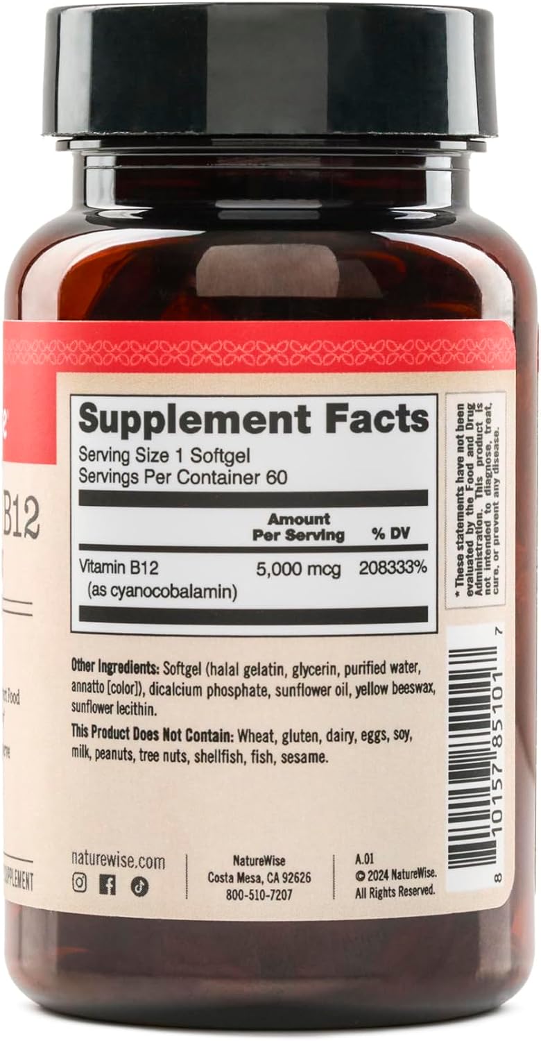 NatureWise Vitamina B12 5000 mcg - Fórmula Extra Fuerte - Complemento para Apoyar los Niveles de Energía, Claridad Mental, Salud del Sistema Nervioso - Fácil de Tragar, Sin Soja ni Gluten, No GMO - 60 Cápsulas Blandas