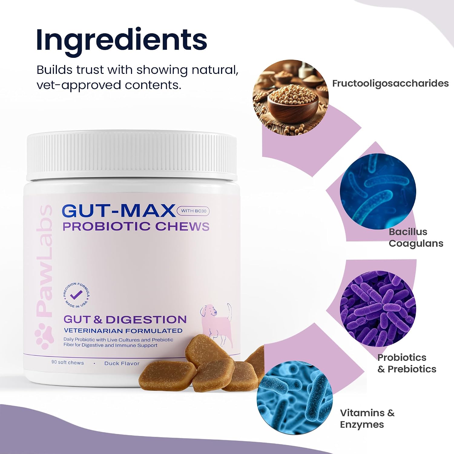 Gut Max Probiotic Chews - Masticables digestivos e inmunitarios para perros con BC30™ - Sabor a pato - 90 unidades