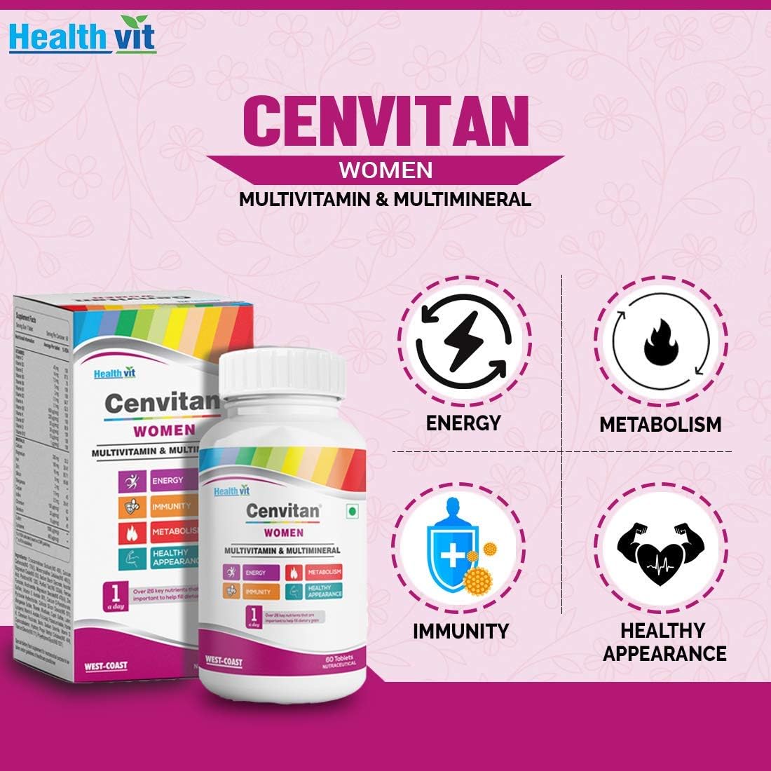 Dharma Healthvit Cenvitan Multivitamínico y Multimineral para Mujeres con 26 Nutrientes – 60 Comprimidos