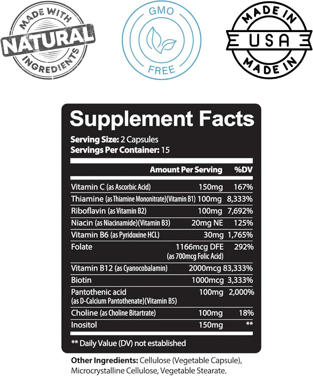 Kaya Naturals B-12 Complex | Complejo B con Biotina, Colina, Inositol, Folato y Vitamina C - 30 Cápsulas