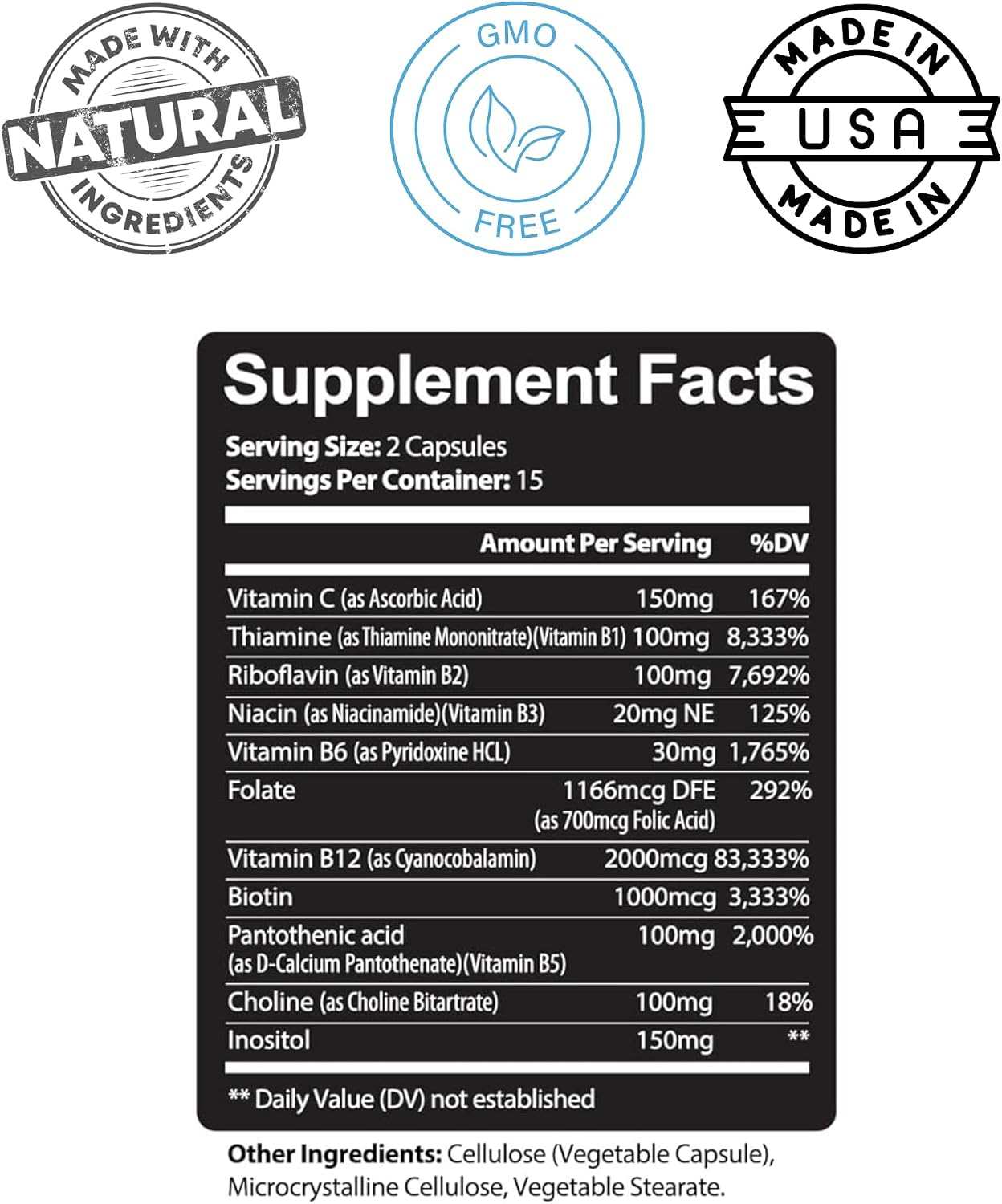 Kaya Naturals B-12 Complex | Complejo B con Biotina, Colina, Inositol, Folato y Vitamina C - 30 Cápsulas